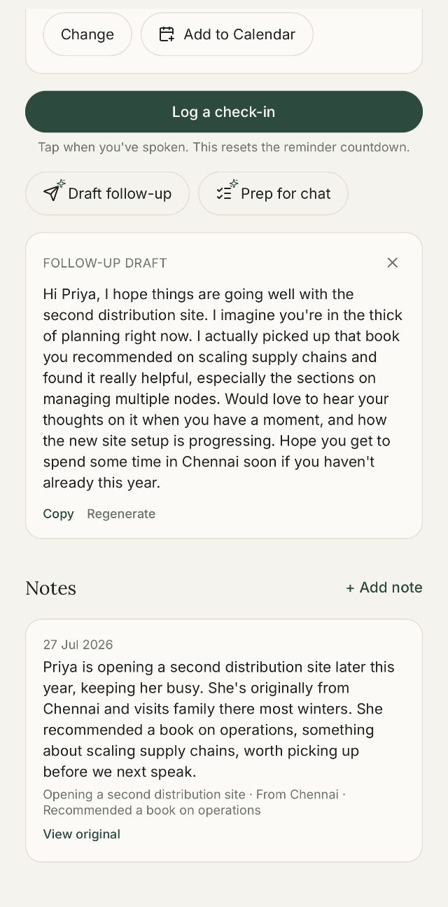 Rapport's follow-up draft panel, showing a personal message ready to copy and send