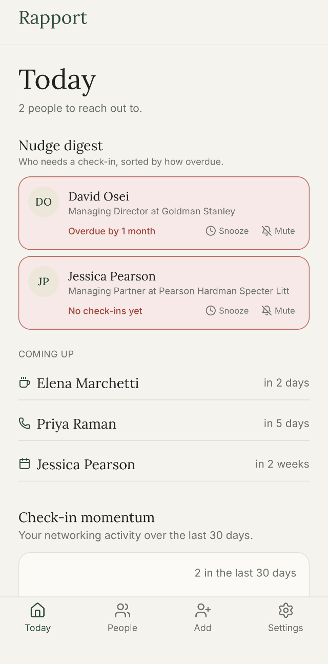 Rapport's Today screen, showing two people due for a check-in and a list of upcoming conversations
