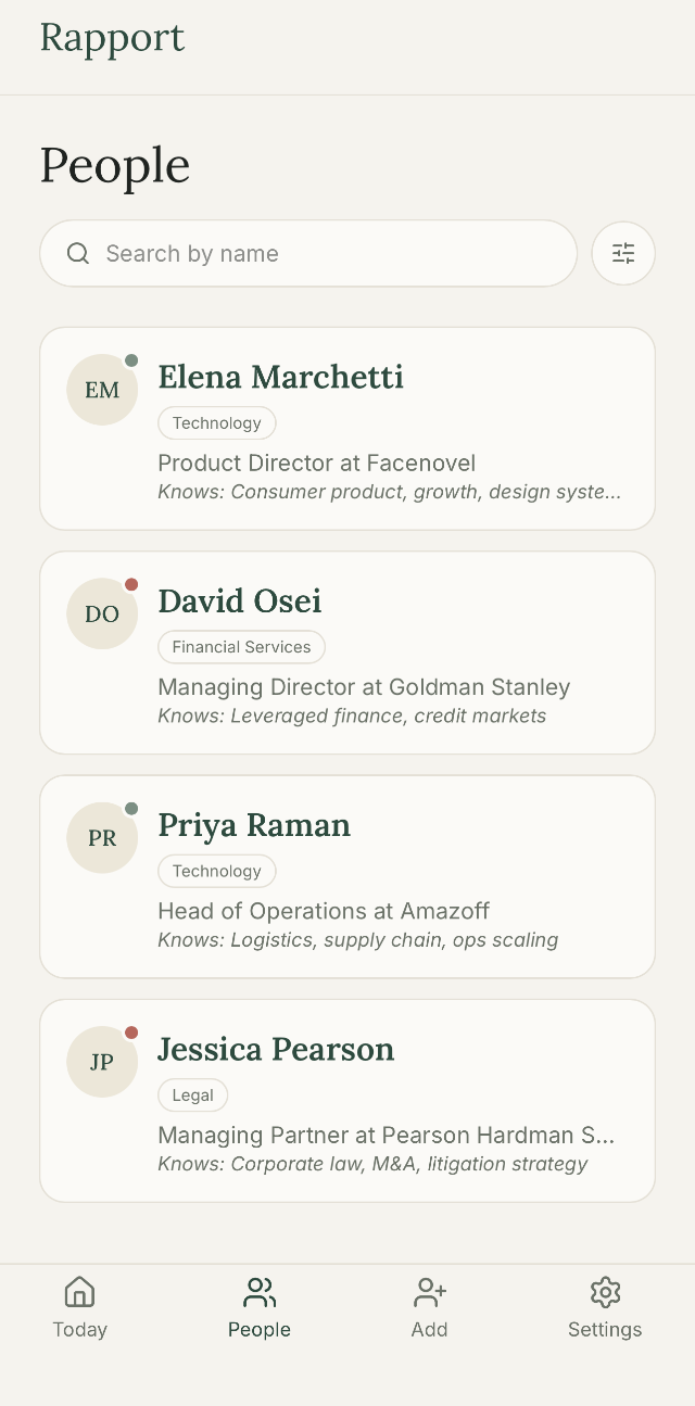 Rapport's People screen, listing contacts with their sector, role, company, and areas of expertise