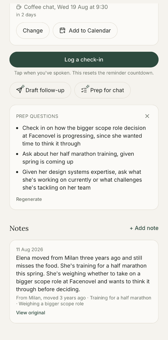 Rapport's prep questions panel, suggesting three specific talking points ahead of a meeting